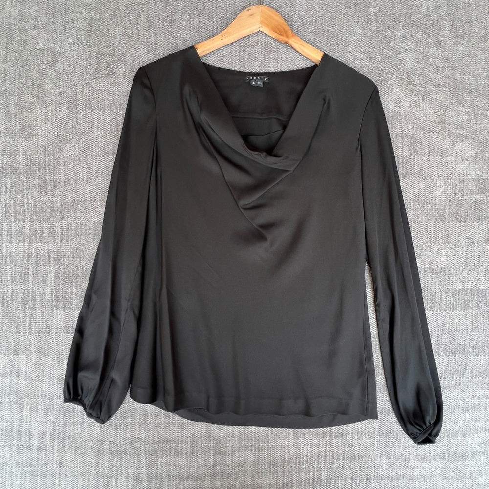 Theory Blouse Top Women S Black Cowl Neck Gathered Wrist Evening Chic Minimalist